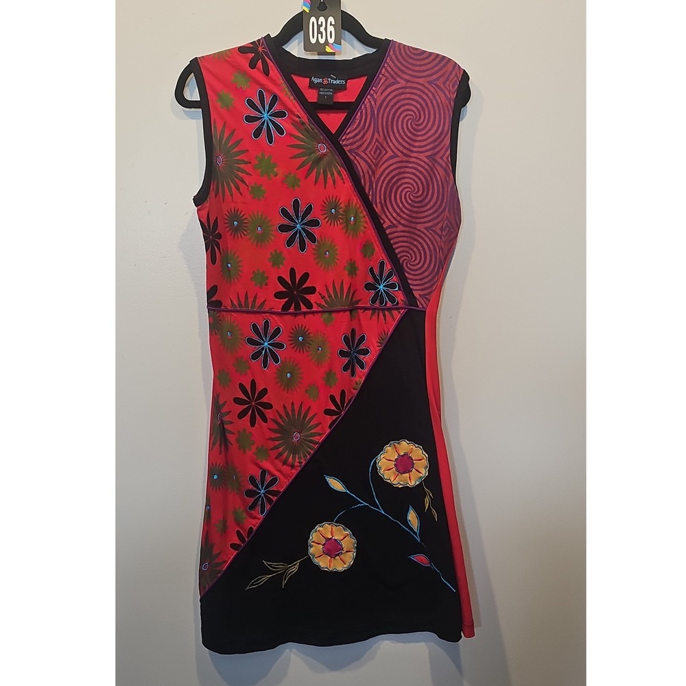 Agan Traders Womens Red Patchwork Floral Embroidered Cotton Mini Dress Small